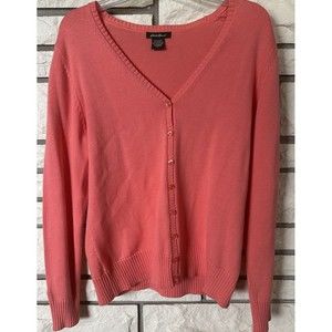 Eddie Bauer Woman’s Coral Button Up V-Neck Cardigan Sweater, Size Large Bright